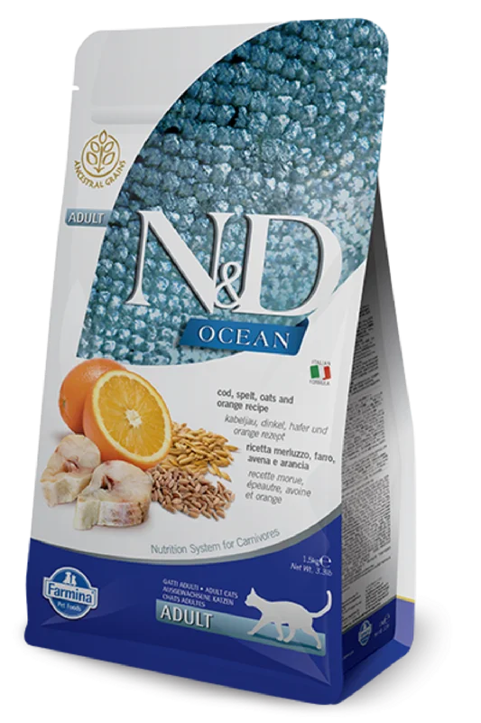 - Kitten food Farmina Ocean N&D Natural & Delicious Adult Cod, Spelt, Oats & Orange Dry Cat Food - Kitten food Farmina Ocean N&D Natural & Delicious Adult Cod, Spelt, Oats & Orange Dry Cat Food