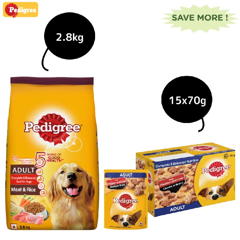 - Special food for senior dogsPedigree Meat & Rice and Chicken and Liver Chunks in Gravy Adult Dry and Wet Food Combo - Special food for senior dogsPedigree Meat & Rice and Chicken and Liver Chunks in Gravy Adult Dry and Wet Food Combo